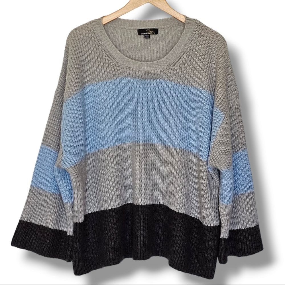 Suzanne Betro Sweater Size 2x Blue Black Grey Colorblock Wide Stripe Lightweight